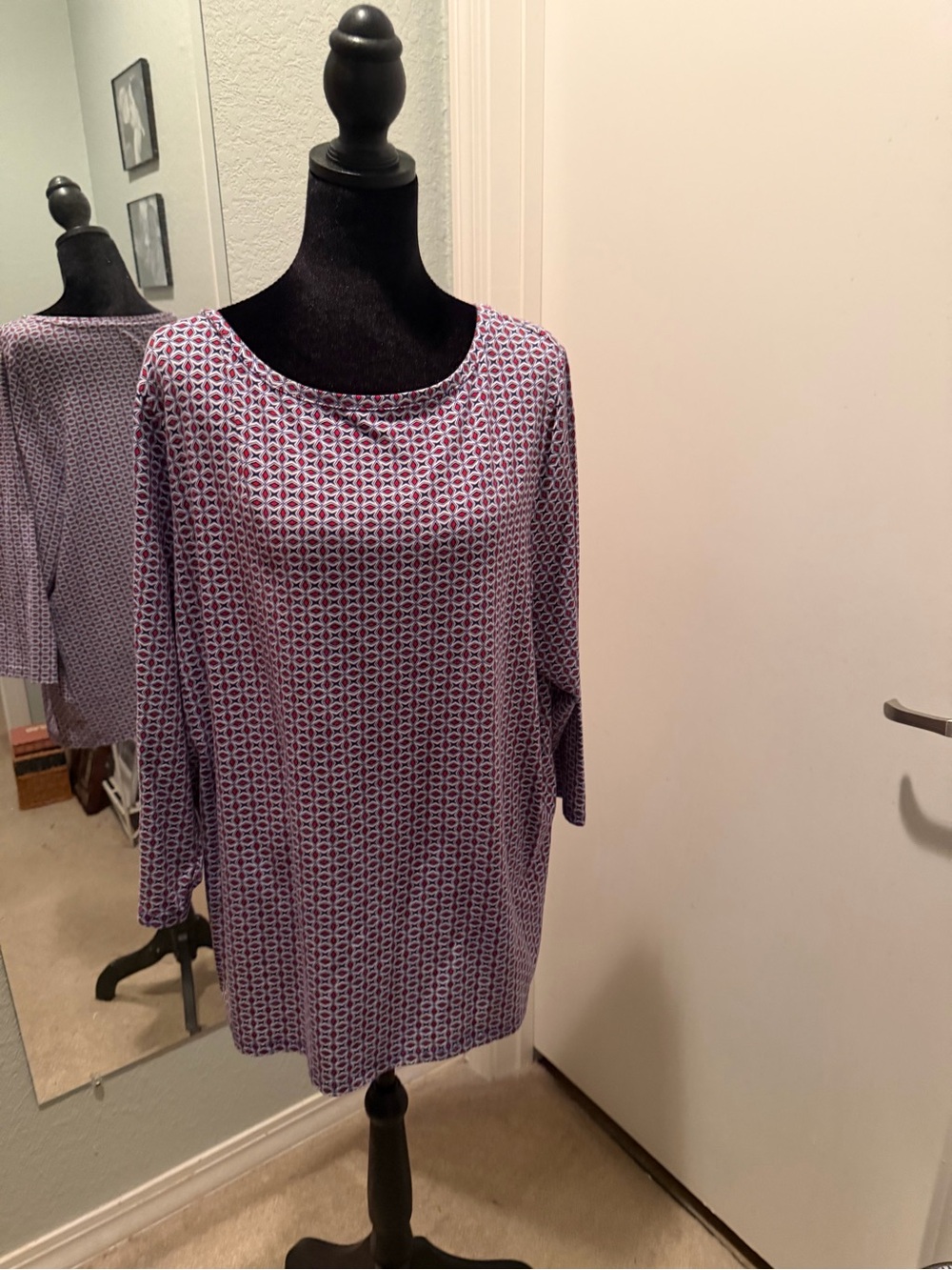 Talbots Red and White Geometric Tunic Top